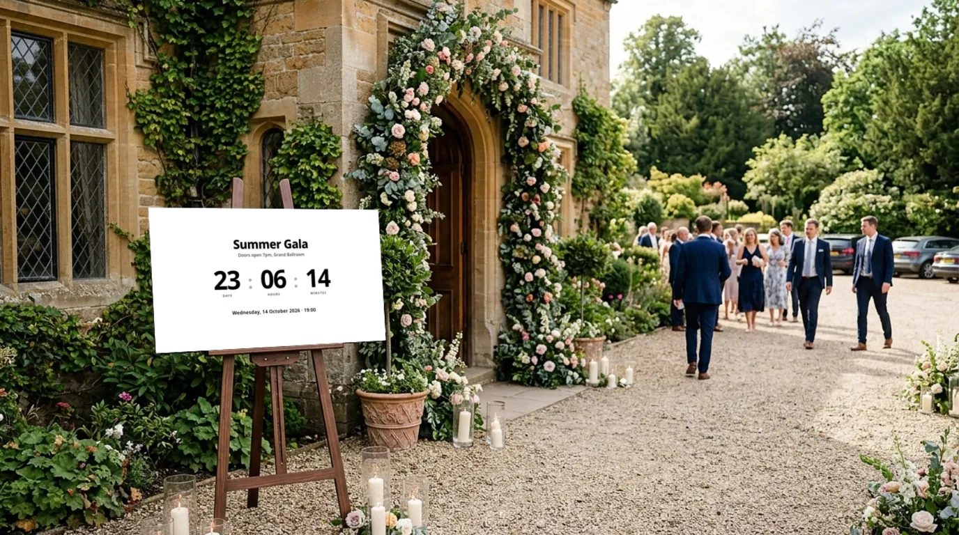 A countdown Board on a screen on an easel at the entrance of a wedding venue