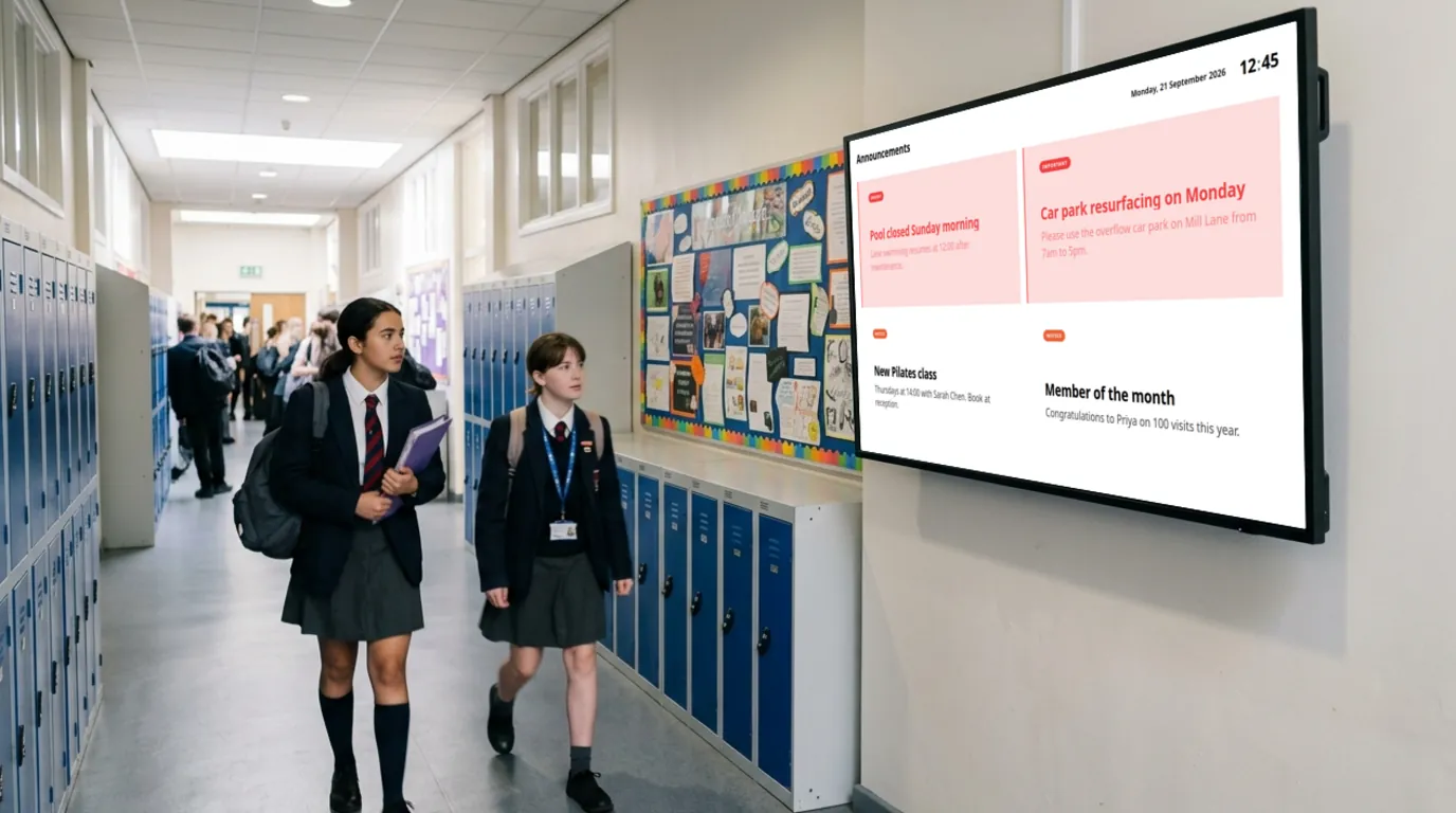 An announcements Board on a TV in a school corridor as two students walk past