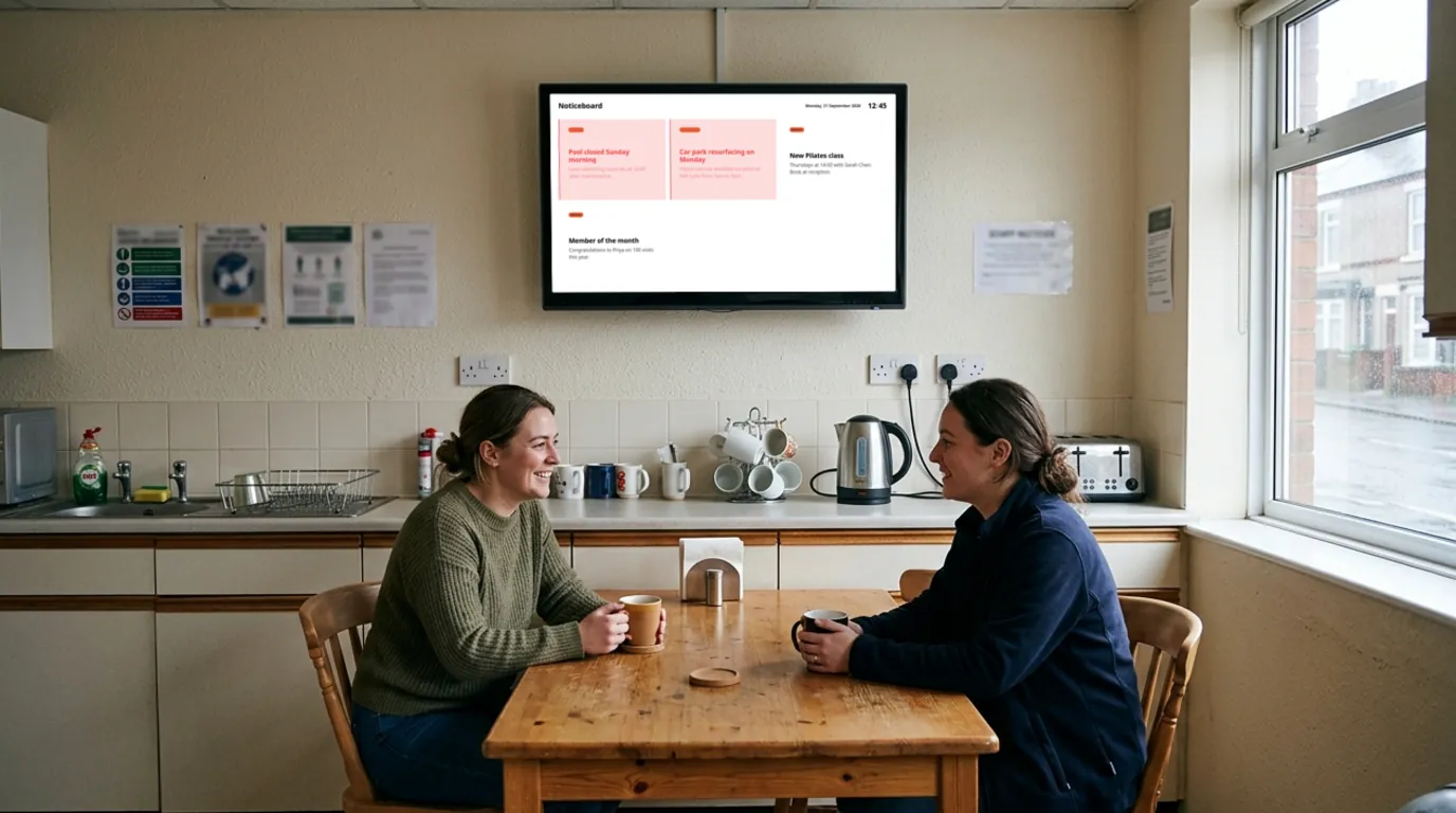 A noticeboard Board on a TV above the table in a staff kitchen