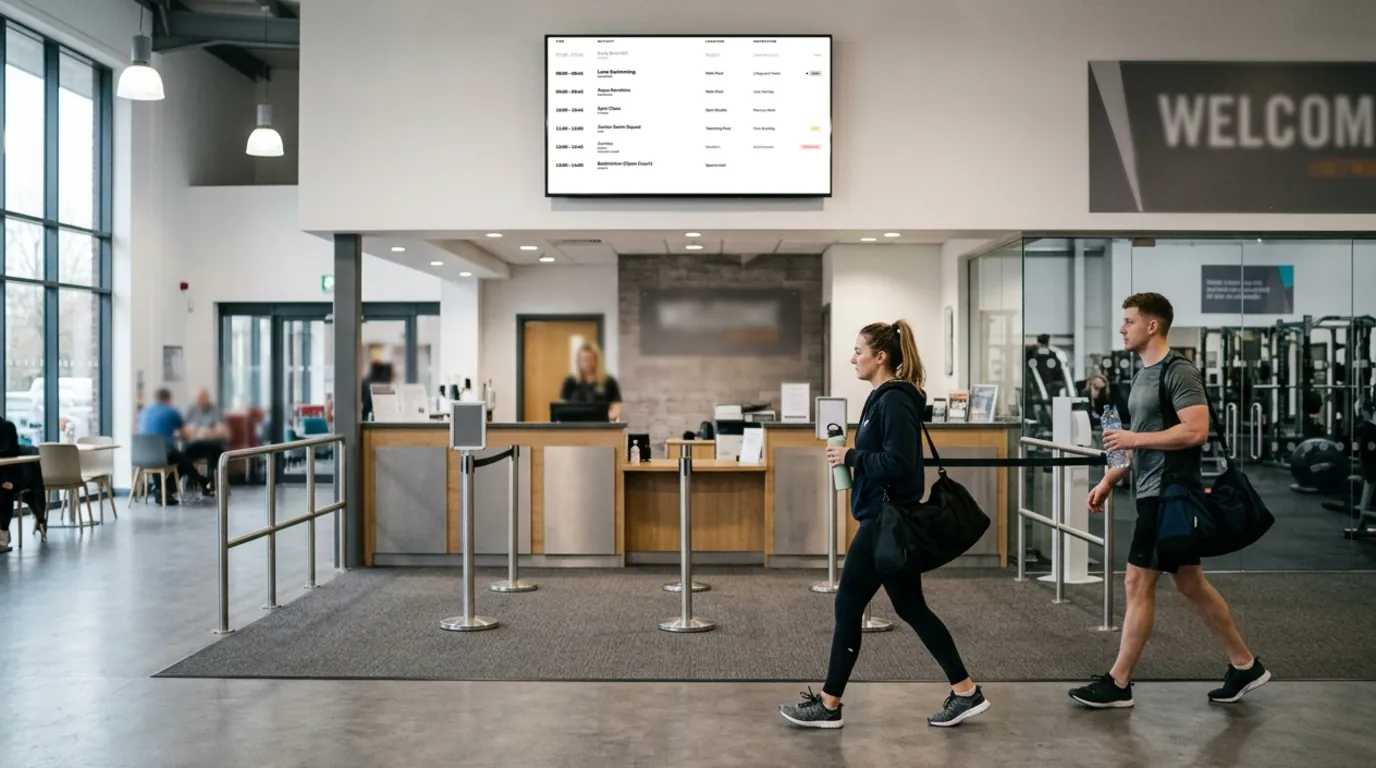 A class timetable Board on a TV above the reception desk of a leisure centre gym