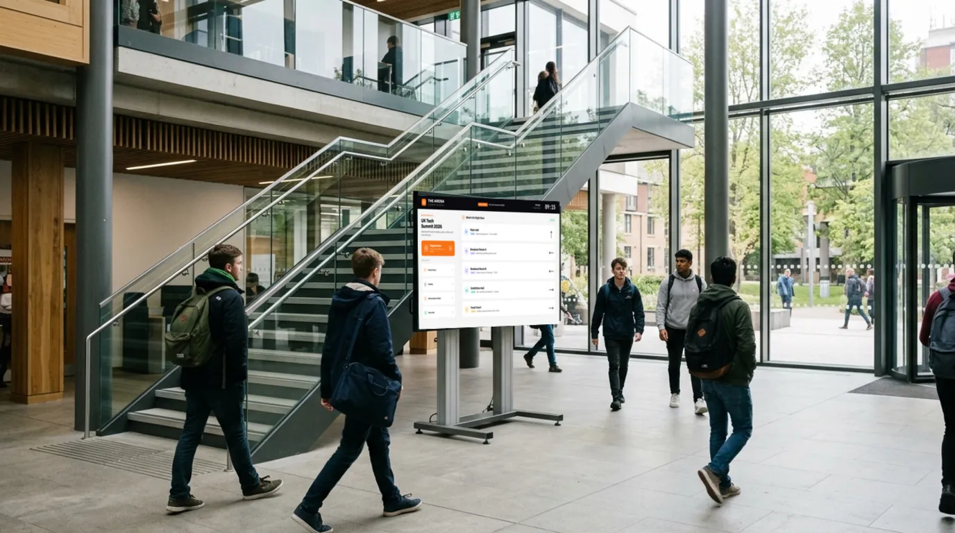 An event wayfinding Board on a screen on a floor stand in a college entrance atrium
