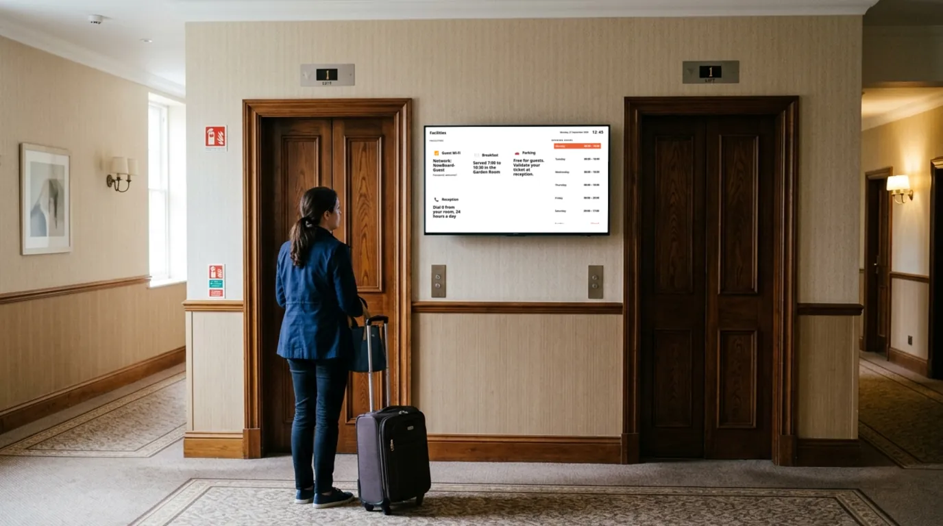 A hotel facilities Board on a TV between two lift doors on a hotel guest floor