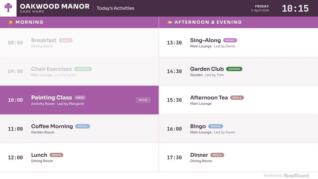 Daily Activities Board for a care home, with morning and afternoon activities and the current one marked Now