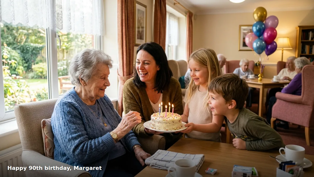 Photo Gallery Board showing a resident's birthday with her family and a cake