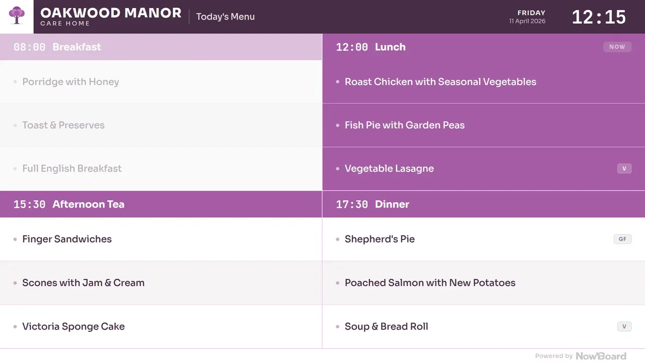 Menu Board for a care home showing breakfast, lunch, afternoon tea and dinner