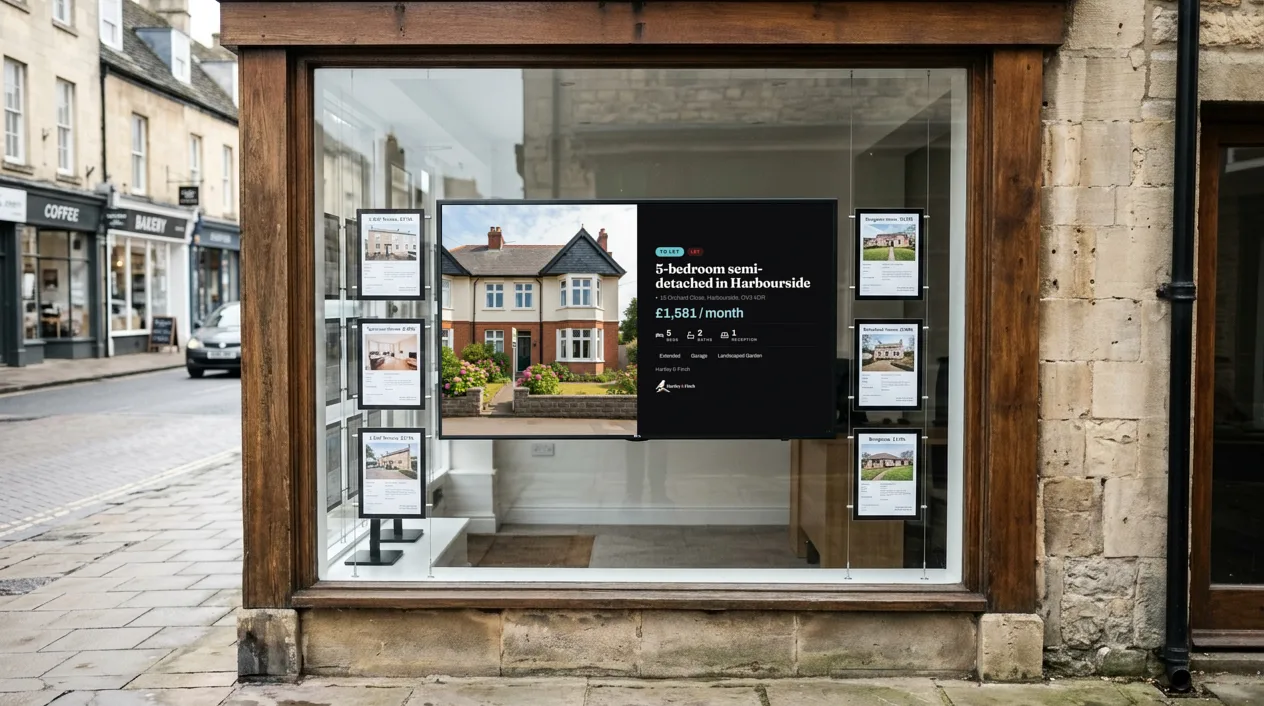 Estate agent shop window with a TV showing a home to let, between printed property cards